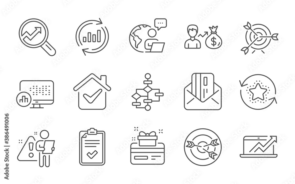 Poster block diagram, sales diagram and report statistics line icons set. sallary, targeting and loyalty po