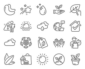 Nature icons set. Included icon as Bio tags, Startup, Sunset signs. Organic tested, Sunny weather, Fair trade symbols. Helping hand, Cloudy weather, Cashew nut. Water drop, Eco organic. Vector