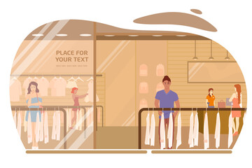 People in a store on sale choose clothes. Flat vector illustration.