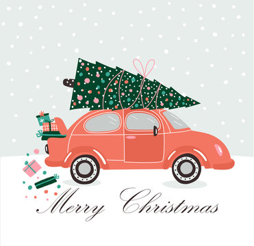 Vector picture with pink car and Christmas gifts and tree. Christmas picture. Red pickup. New year illustration delivery service.