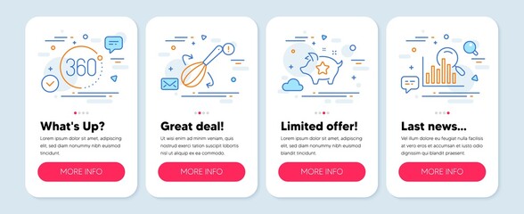 Set of Business icons, such as Loyalty points, 360 degrees, Cooking whisk symbols. Mobile screen mockup banners. Search line icons. Piggy bank, Full rotation, Cutlery. Analytics. Vector