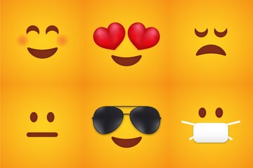 Emogi face no circle background. Yellow joyful hearts with love eyes distraught pensive with poker face.
