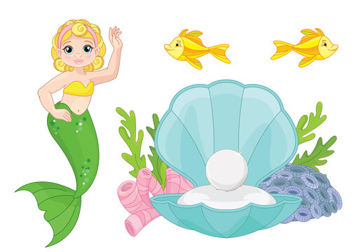 Cute Mermaid Princess Underwater world  with fish