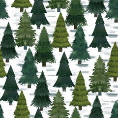 Fototapeta premium Christmas fir trees in a seamless pattern, modern hand draw design. Winter background. Can be used for printed new year materials - leaflets, posters, business cards or for web