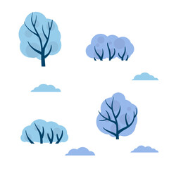 Set of winter trees. White snow on the branches. Element of forests, parks, nature. Cold Northern weather. Cartoon flat illustration