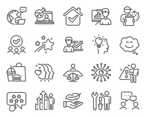People icons set. Included icon as Ranking star, Smile chat, Presentation board signs. Online chemistry, Employee results, Friends couple symbols. Approved group, Artificial intelligence. Vector