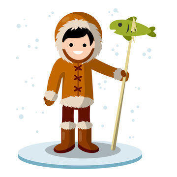 Eskimo man on ice platform with harpoon and fish. Native North American. Warm winter clothing made of skin. Snow and winter. Male angler. Young fisherman. Cartoon flat illustration