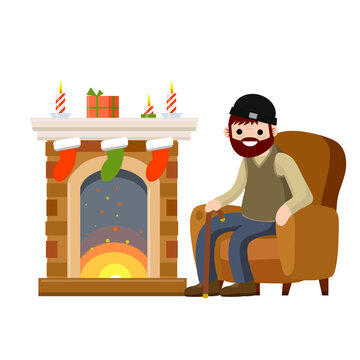 Old man sits in chair by fireplace. Senior celebrates new year and Christmas. Grandpa in nice cozy house. Room furniture and grandfather. Winter concept. Flat cartoon. Fire, box and sock with gift