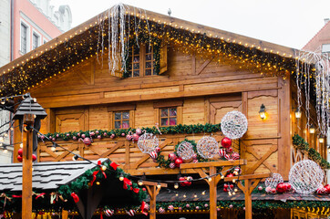 View of the Christmas decorations on the Christmas Market in the city of Wroclaw, Poland