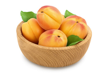 apricot fruit in wooden bowl isolated on white background. Clipping path and full depth of field