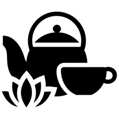 
Kettle and cup presented with the graphic of water lily, lotus or herbal tea icon 
