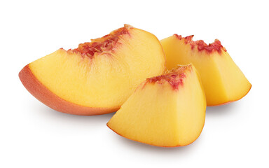 Ripe peach fruit slices isolated on white background with clipping path and full depth of field