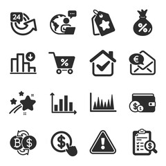 Set of Finance icons, such as Decreasing graph, Accounting report, 24 hours symbols. Buying accessory, Loyalty tags, Diagram graph signs. Euro money, Loan, Buy currency. Bitcoin exchange. Vector