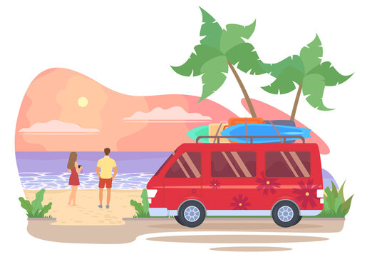 Couple arrived at the beach at sunset. Flat vector illustration.