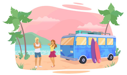A couple of surfers walking along the beach. Flat vector illustration.