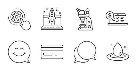 Microscope, Online accounting and Chat message line icons set. Smile face, Fuel energy and Cogwheel settings signs. Credit card, Start business symbols. Quality line icons. Microscope badge. Vector