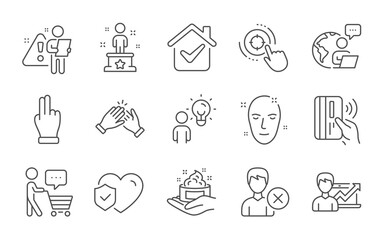 Success, Skin care and Click hand line icons set. Contactless payment, Clapping hands and Seo target signs. Health skin, Buyer think and Remove account symbols. Line icons set. Vector