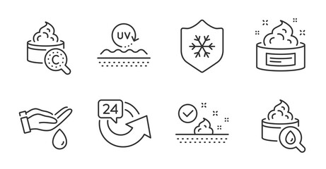 Collagen skin, Clean skin and 24 hours line icons set. Uv protection, Wash hands and Moisturizing cream signs. Cold protect, Repeat, Face cream. Beauty set. Quality line icons. Vector