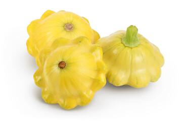 three yellow pattypan squash isolated on white background, Clipping path and full depth of field