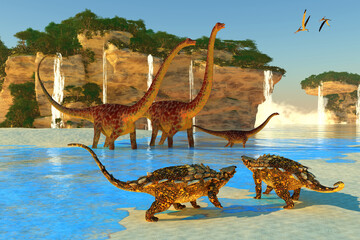 Diplodocus Dinosaur Shoreline - Pteranodon reptiles fly over a North American coastline full of Diplodocus and Gargoyleosaurus dinosaurs. © Catmando