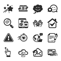 Set of Technology icons, such as Signing document, Send mail, Touchscreen gesture symbols. Speech bubble, Copywriting notebook, Online payment signs. Safe time, File storage, Social media. Vector