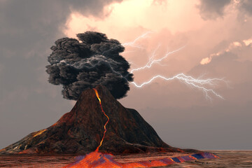 Volcano and Lightning - Lightning and thunder crack inside a billowing smoke plume as a volcano erupts with glowing lava. © Catmando
