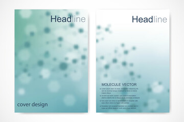 Scientific brochure design template. Vector flyer layout, Molecular structure with connected lines and dots. Scientific pattern atom DNA with elements for magazine, leaflet, cover, poster design.