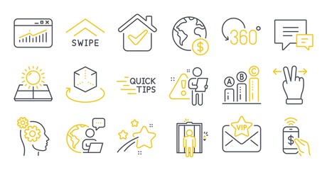 Set of Technology icons, such as Comment, Full rotation, Education symbols. Phone payment, Thoughts, Global business signs. Graph chart, Swipe up, Touchscreen gesture. Website statistics. Vector