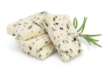Blue cheese slices with rosemary isolated on white background with clipping path and full depth of field.