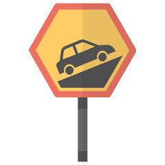 
Hexagon shaped board having car coming from inclined plane denoting steep downwards icon 
