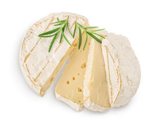 Camembert cheese with rosemary isolated on white background with clipping path and full depth of field. Top view. Flat lay