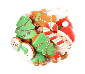 Fototapeta na wymiar Pile of Christmas cookies on white background, top view