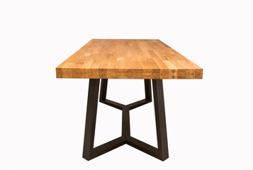 wooden lacquered table with black metal legs on white background 
