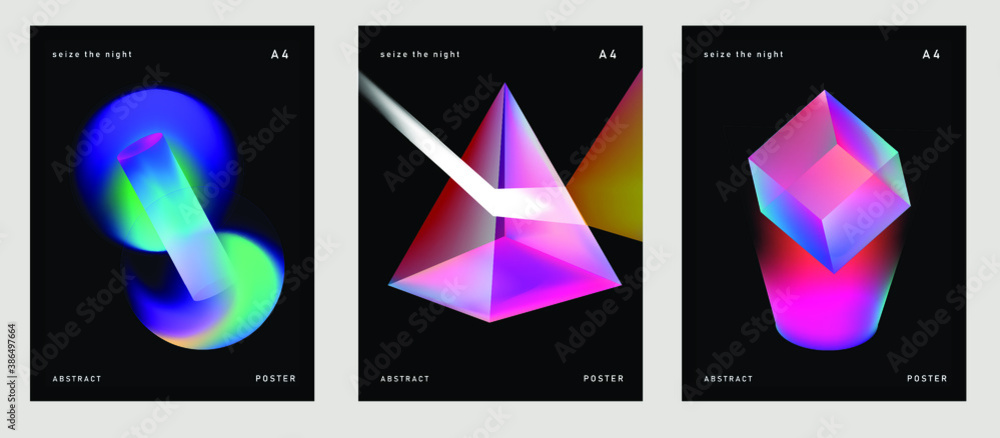 Poster set of retrofuturistic posters with glowing neon shapes: prism, pyramid, cube. synthwave and retrowa