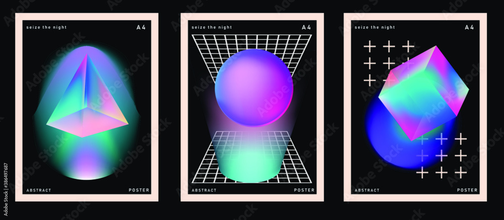 Poster set of retrofuturistic posters with glowing neon shapes: prism, pyramid, cube. synthwave and retrowa