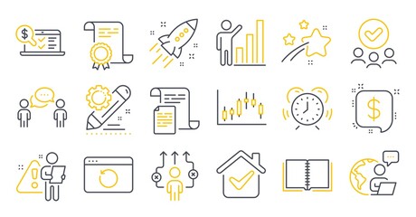 Set of Education icons, such as Documents, Consulting business, Candlestick graph symbols. Book, Payment message, Startup rocket signs. Recovery internet, Business way, Project edit. Vector