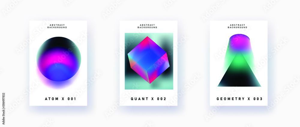 Poster set of retrofuturistic posters with glowing neon shapes: prism, pyramid, cube. synthwave and vaporwa
