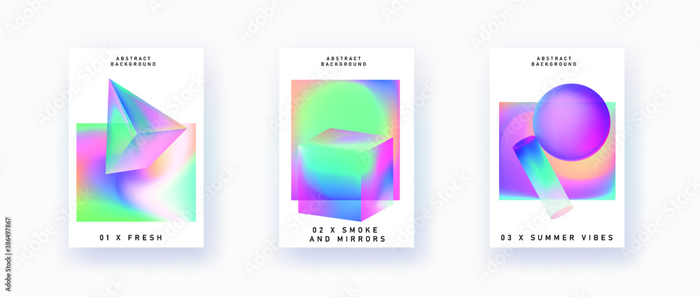 Poster set of retrofuturistic posters with glowing neon shapes: prism, pyramid, cube. synthwave and vaporwa
