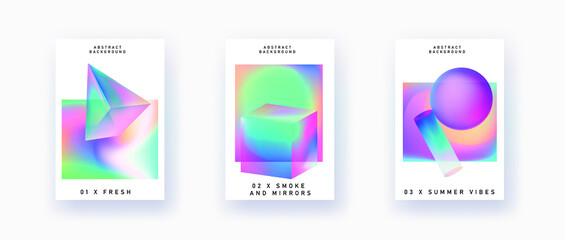 Set of retrofuturistic posters with glowing neon shapes: prism, pyramid, cube. Synthwave and vaporwave style backgounds for notebook or book covers.