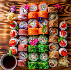 set of sushi roll with salmon, avocado, cream cheese, cucumber, rice, caviar, eel, tuna on wooden table