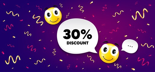 30% Discount. Smile face with speech bubble. Sale offer price sign. Special offer symbol. Smile character with confetti. Discount speech bubble icon. Yellow face background. Vector