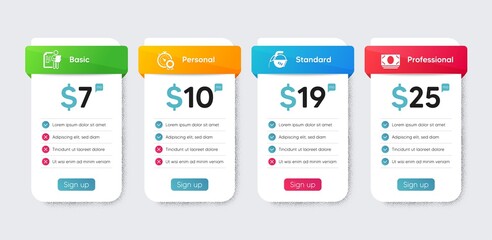 Business icons set. Price table chart, business plan template. Included icon as Job interview, Coffee pot, Best result signs. Cash money flat icons. Cv file, Tea drink, Timer award. Vector