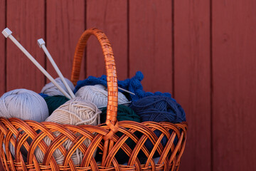 basket with threads for knitting, knitting needles, with space for text, background