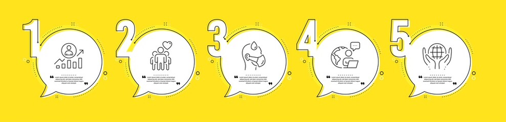 Sick man, Career ladder and Organic tested line icons set. Timeline process infograph. Friendship sign. Epidemic protection, Manager results, Safe nature. Trust friends. People set. Vector