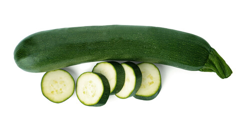 Cut and whole green ripe zucchini isolated on white, top view