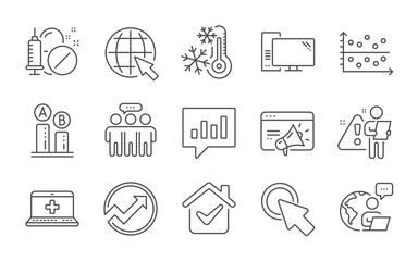 Seo marketing, Medical help and Employees group line icons set. Click here, Medical drugs and Internet signs. Analytical chat, Computer and Ab testing symbols. Dot plot, Freezing and Audit. Vector