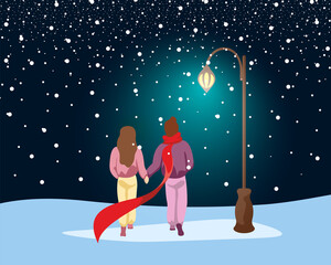 Couple in love walking in park under snow along path lit by street lantern. Male and female winter outdoors romantic evening under glowing lamp post. Human relationship concept vector eps illustration