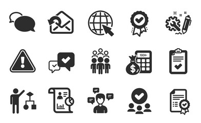 Algorithm, Approved award and Checklist icons simple set. Approved group, Approve and Group people signs. Messenger, Finance calculator and Send mail symbols. Flat icons set. Vector