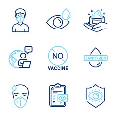 Medical icons set. Included icon as Sick man, No vaccine, Eye protection signs. Eye drops, Hand sanitizer, Skin care symbols. Medical mask line icons. Epidemic protection, Covid-19 treatment. Vector
