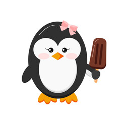 Cute penguin with ice cream clip art. Baby girl with bow cartoon animal penguin with pink ice lolly isolated on white background. Flat design vector funny polar bird character illustration. 